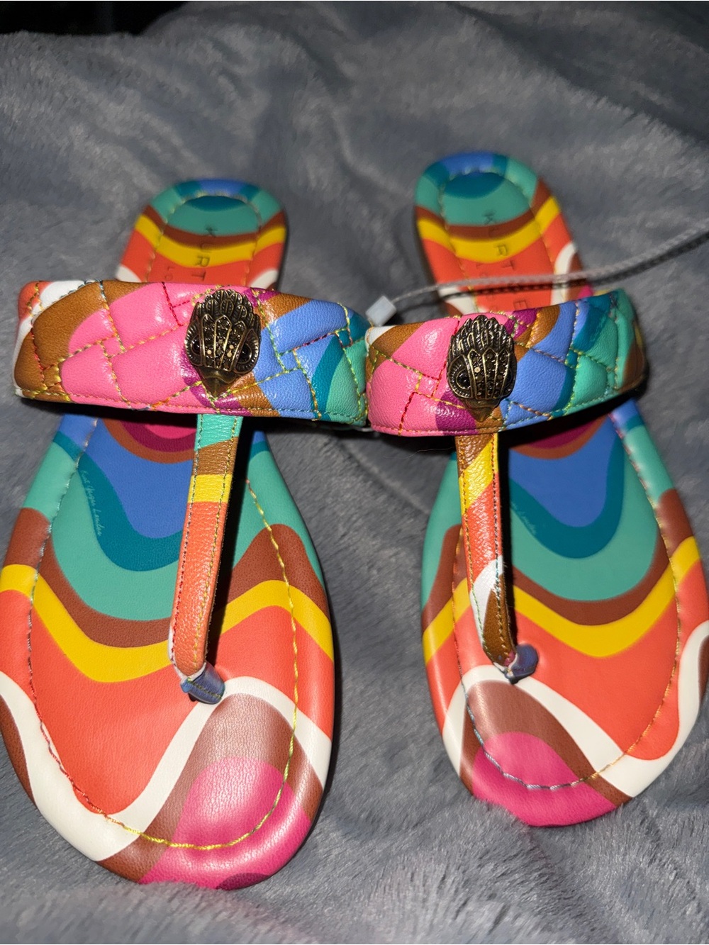 Kurt Geiger London Kensington T-Bar Multicolor Quilted Thong Sandals, sz 35.5
